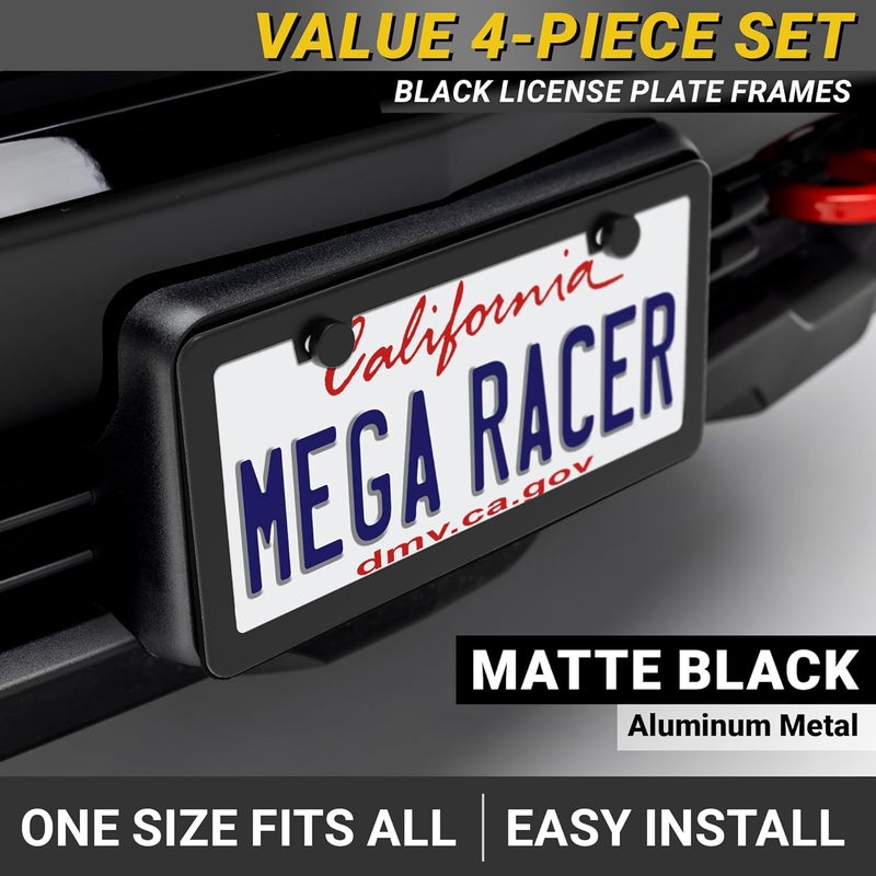 Mega Racer Premium Slim Matte Black License Plate Frames – Best Value 4 Pack, Rust-Free Stainless Steel & Rattle-Free, Street Legal, Universal with Screw Caps, Thin Edged Metal Front & Rear Car Tag Holders - Image 2